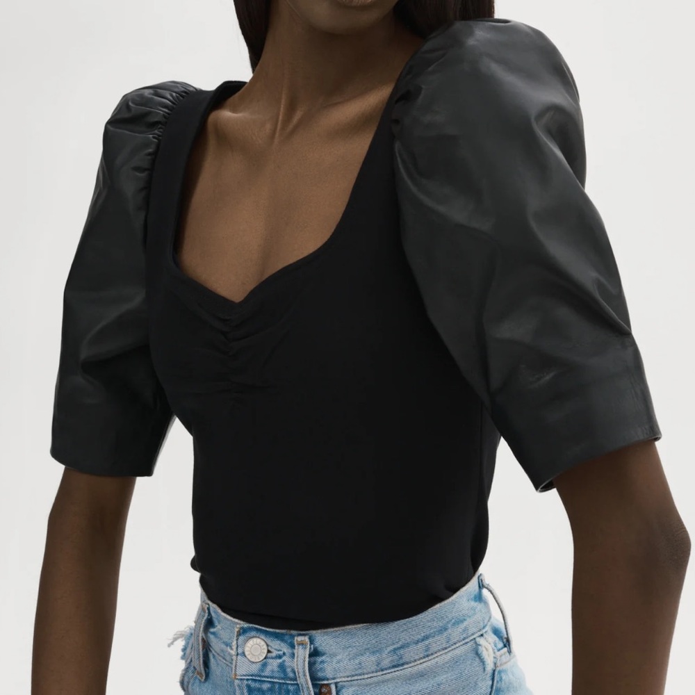 Lamarque Black Kira Leather Puff Sleeve Top